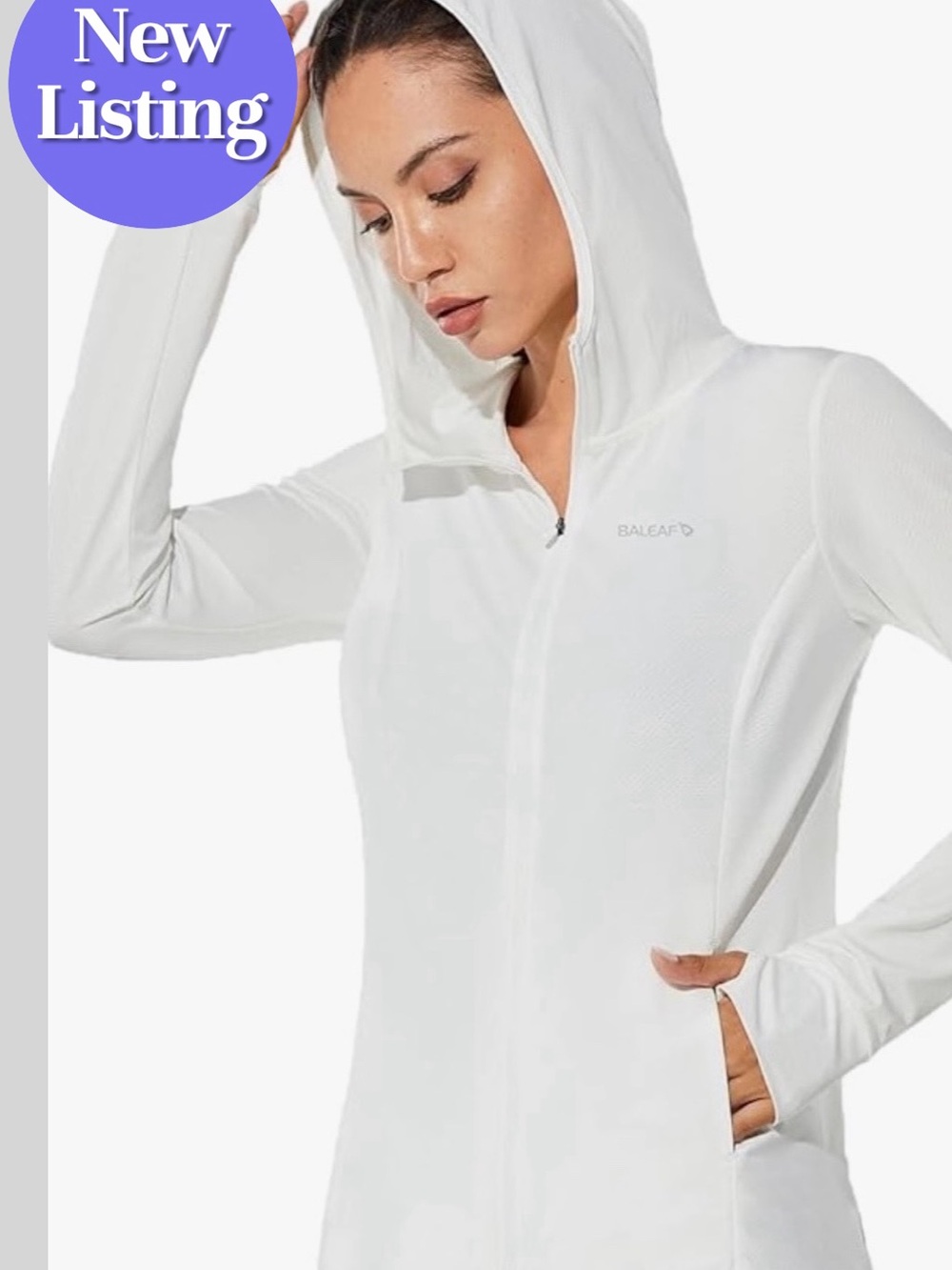 🆕 Baleaf Lightweight Full Zip Hoodie Jacket. UPF 50+. White. Size M. NWT.